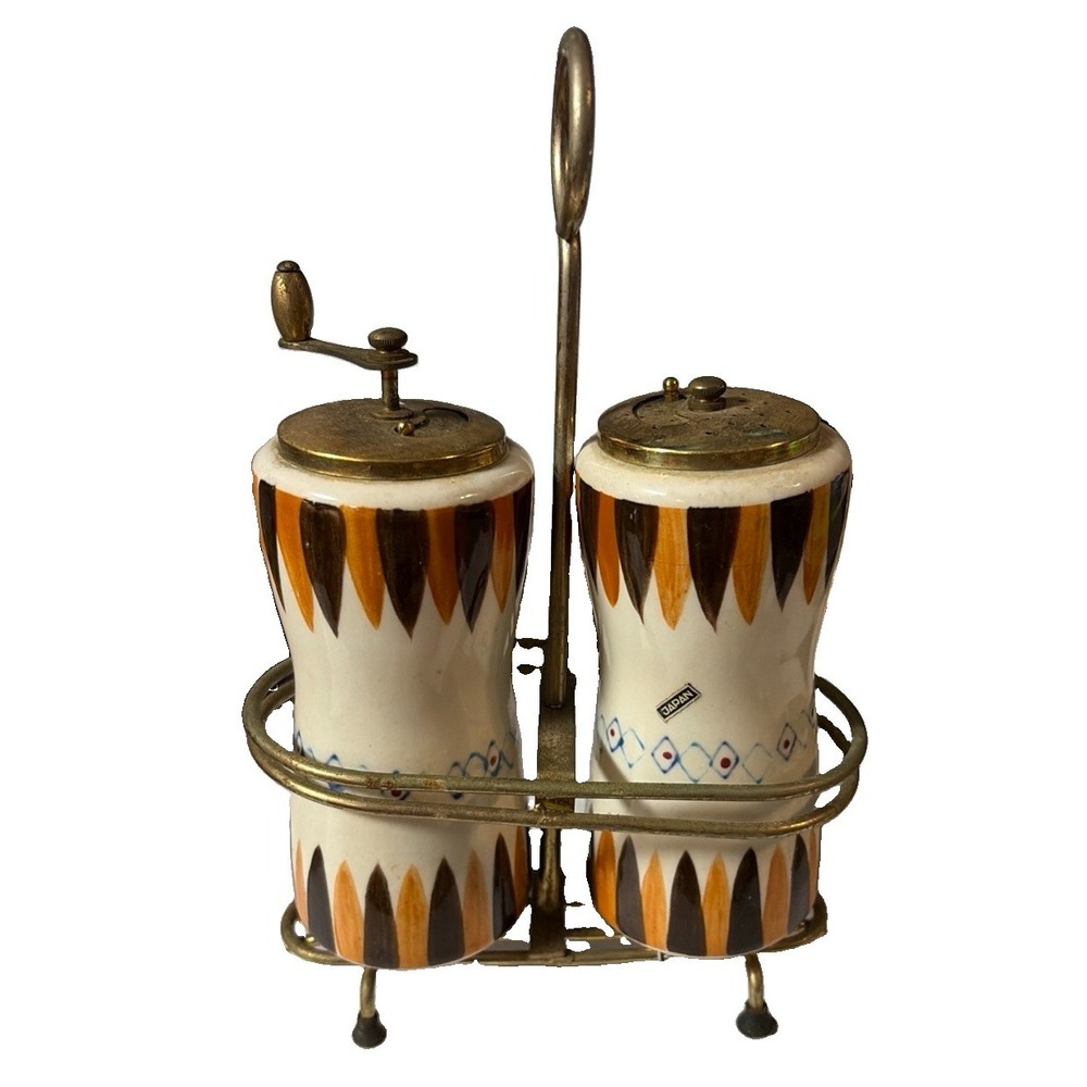 Japan Ceramic Brass Salt Shaker Pepper Grinder Caddy MCM Atomic Hand Painted